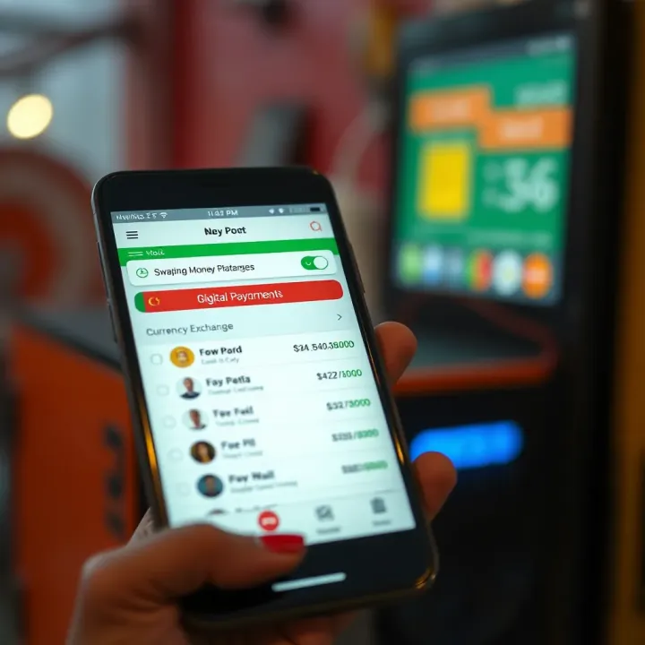 Digital mobile payment platform interface showing currency exchange options