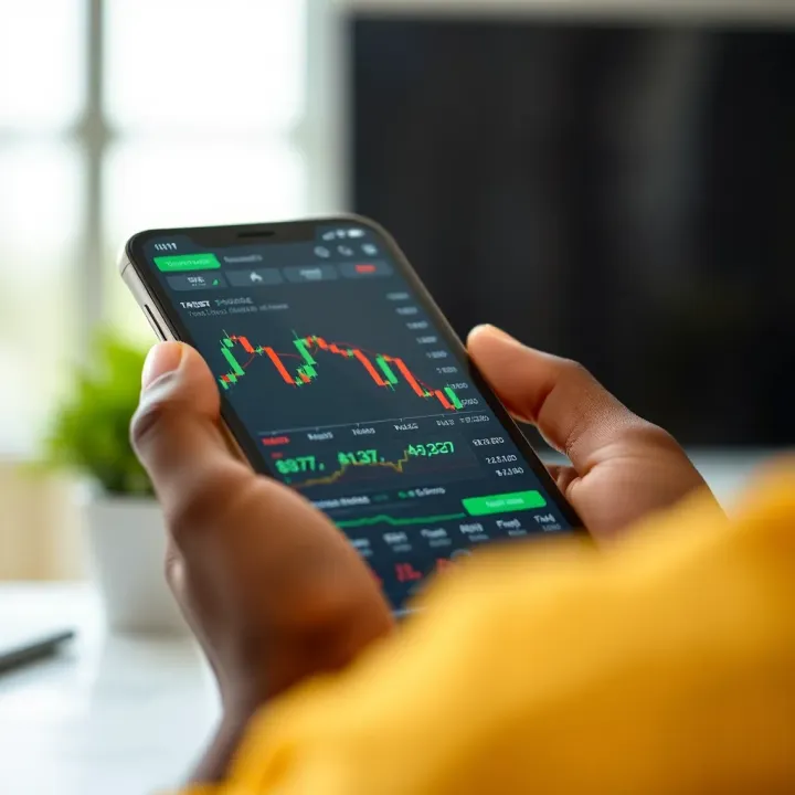 User Interface of a Trading App Featuring Stock Market Data Mobile phone displaying a user interface of a trading app with stock charts and market data