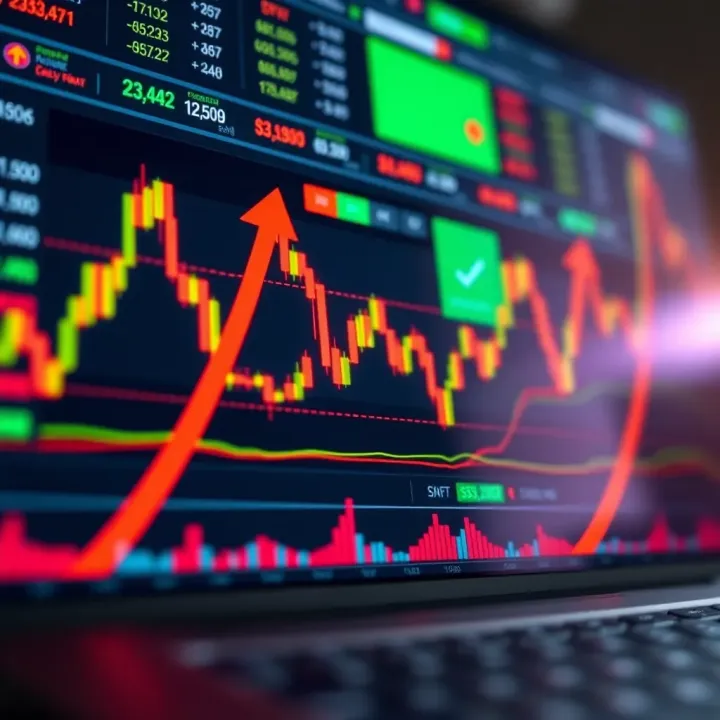 Illustration showing financial charts and binary options trading interface with upward and downward arrows