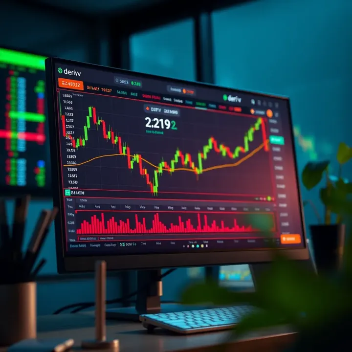 Deriv Platform Interface for Binary Options Trading Illustration of a computer screen displaying binary options interface with charts and trading tools