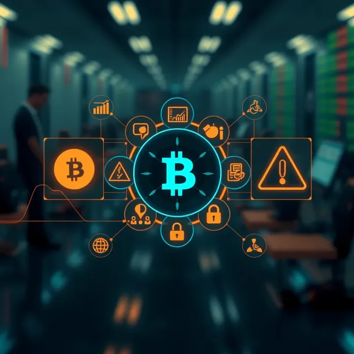 Evaluating Benefits and Risks of BitOption AI Conceptual visualization of benefits and risks associated with BitOption AI in the crypto market with icons representing security and caution