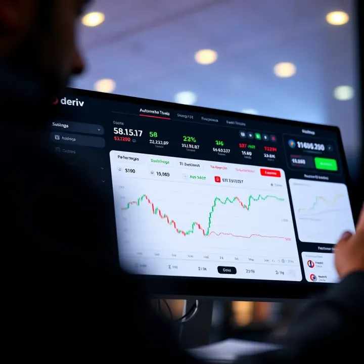 Dashboard interface showing automated trading settings and performance metrics on Deriv platform