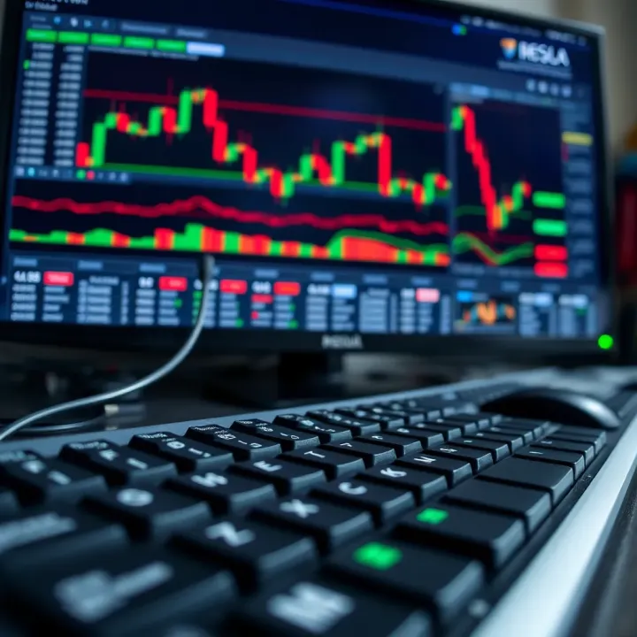 Keyboard and computer screen showing simulated financial charts during trading practice
