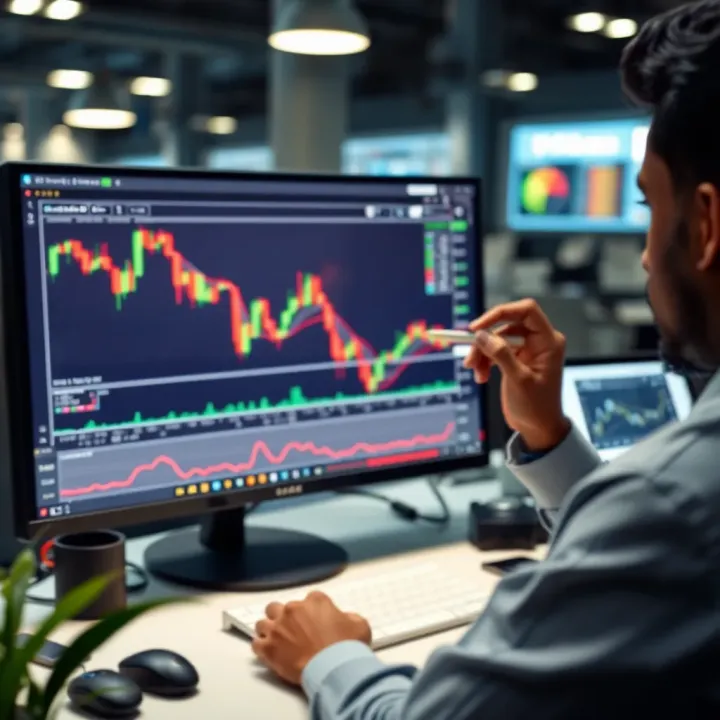 Analyzing Market Data Using a Virtual Trading Environment Conceptual illustration of a trader analyzing simulated market data on a computer screen in a virtual trading environment