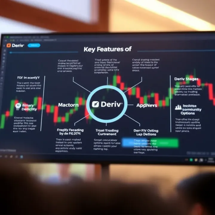 Diagram showing key features and trading options on Deriv platform for binary options