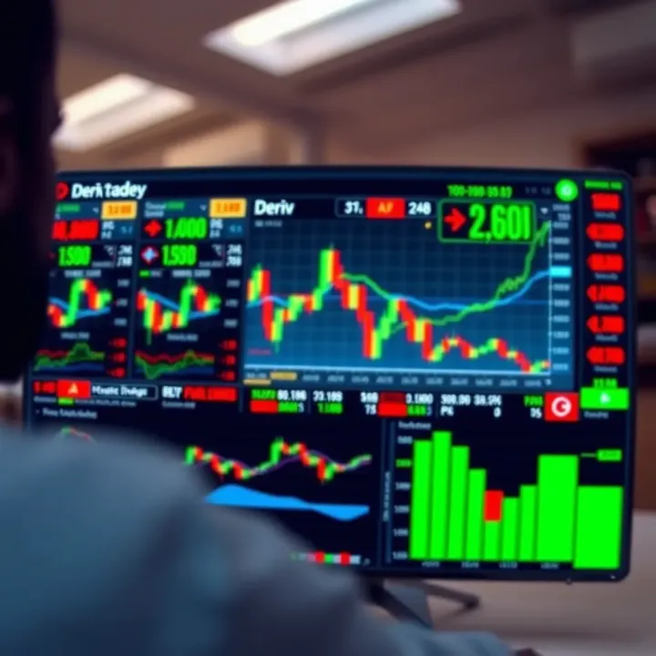 Screenshot of Deriv trading platform showing various financial instruments and live charts