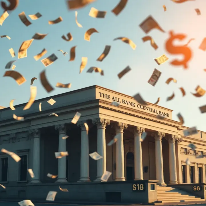 Central Bank's Role in Currency Supply and Monetary Policy Central bank building with currency symbols floating around representing monetary policy and currency supply control