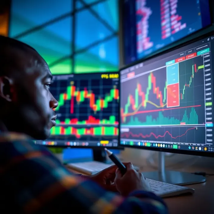 Kenyan Trader Exploring Forex Market Using FBS Platform Illustration showing Kenyan trader analyzing forex charts on a computer screen with FBS platform interface