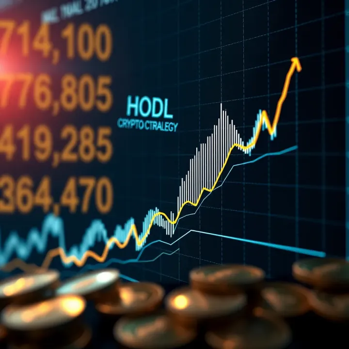 Cryptocurrency Market Trends and HODL Strategy Digital graph showing cryptocurrency value fluctuations over time with a highlighted steady upward trend