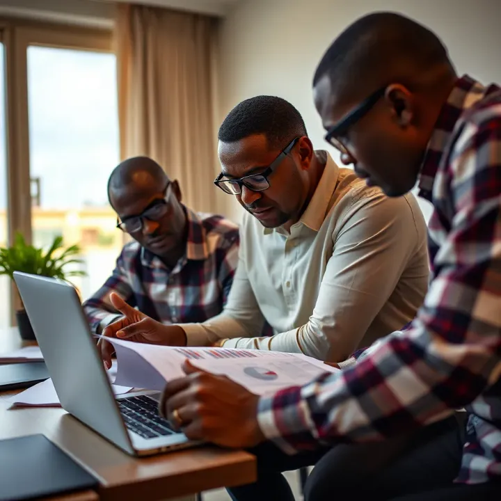 Illustration of Kenyan entrepreneurs collaborating over financial planning documents with a laptop and charts