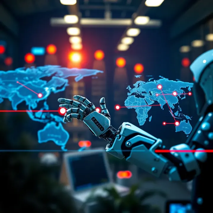Master Navigator Bot Coordinating Complex Digital Navigation Abstract digital interface showcasing a master navigator bot coordinating multiple navigation routes across virtual platforms