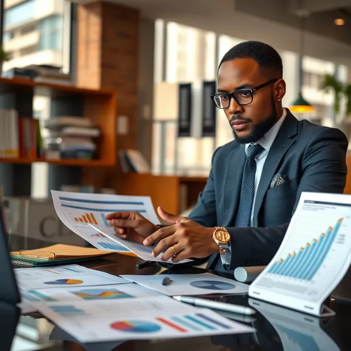Kenyan entrepreneur reviewing business growth charts in office setting