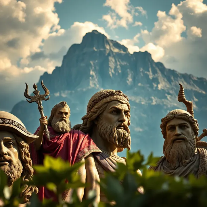 Ancient Greek gods depicted in classical artwork with Mount Olympus background