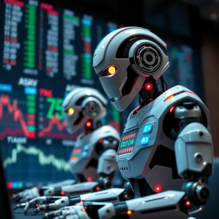 Conceptual illustration of trading bots executing buy and sell orders in a digital stock exchange environment