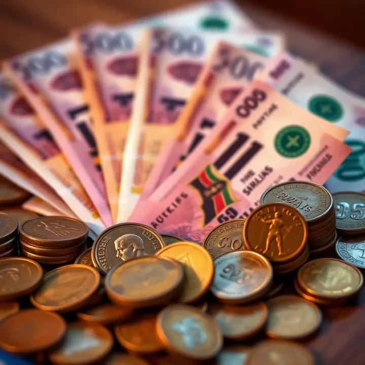 Various denominations of Kenyan currency including coins and banknotes representing physical sarafu used in daily transactions
