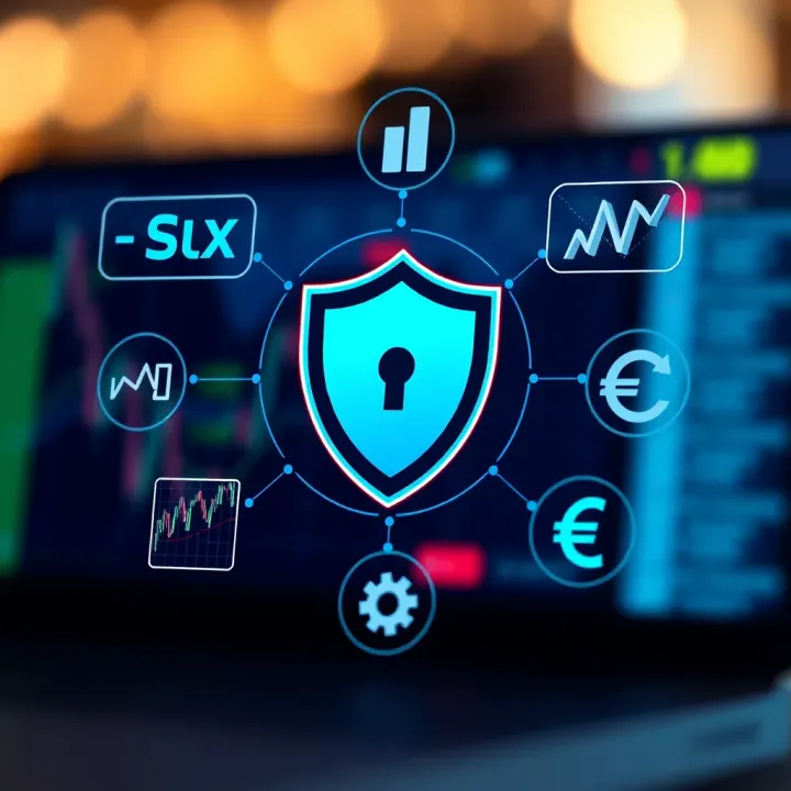 Illustration of key features icons such as security shield, chart analytics, and currency symbols