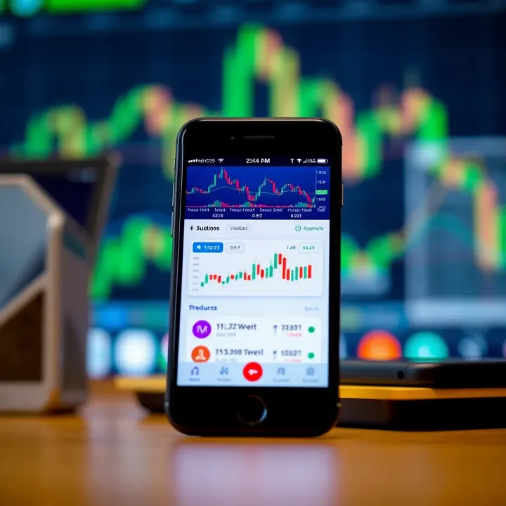 Mobile phone screen showing a trading application interface with graphs and market data