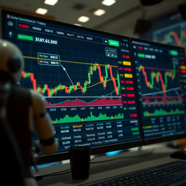 Cryptocurrency Market Charts with Trading Bot Configuration Digital interface displaying cryptocurrency charts and trading bot settings