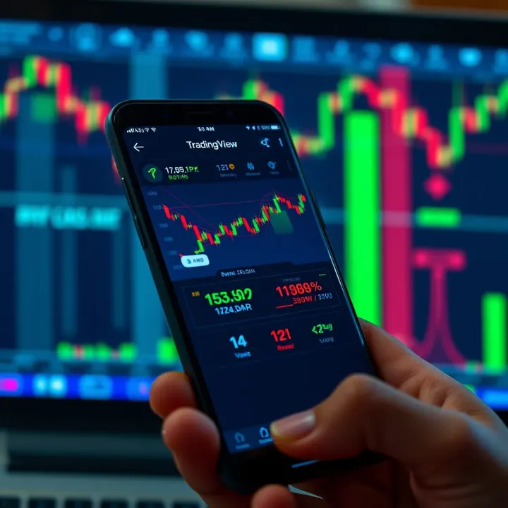 Mobile screen displaying TradingView Deriv app interface with trading charts and indicators