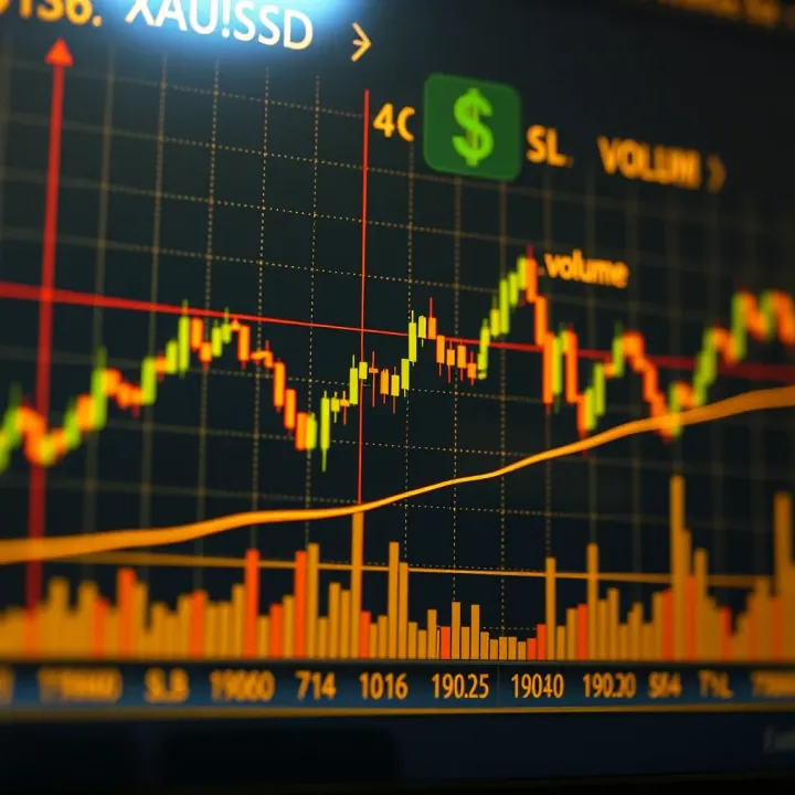 A detailed chart showing gold price movements against the US dollar with candlestick patterns and volume indicators