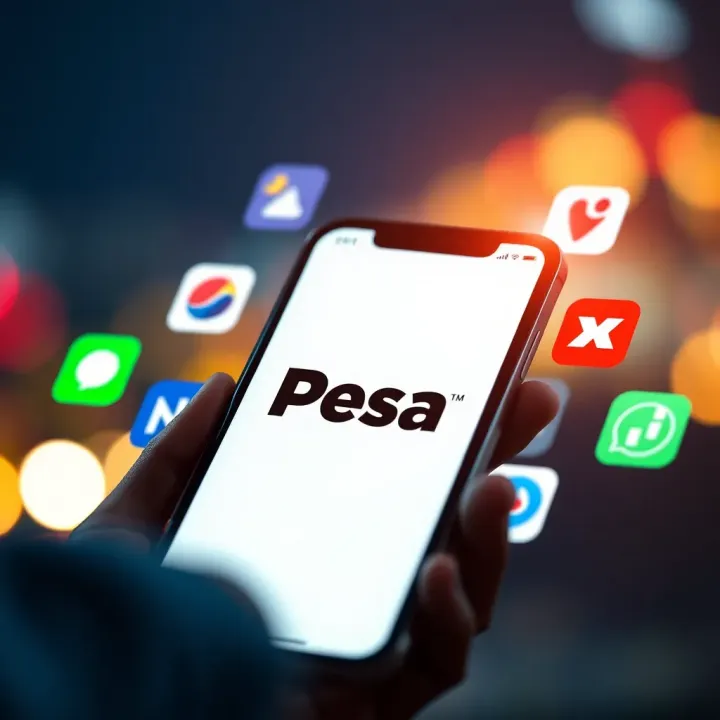 Smartphone screen displaying M-Pesa app with various trading app icons around it