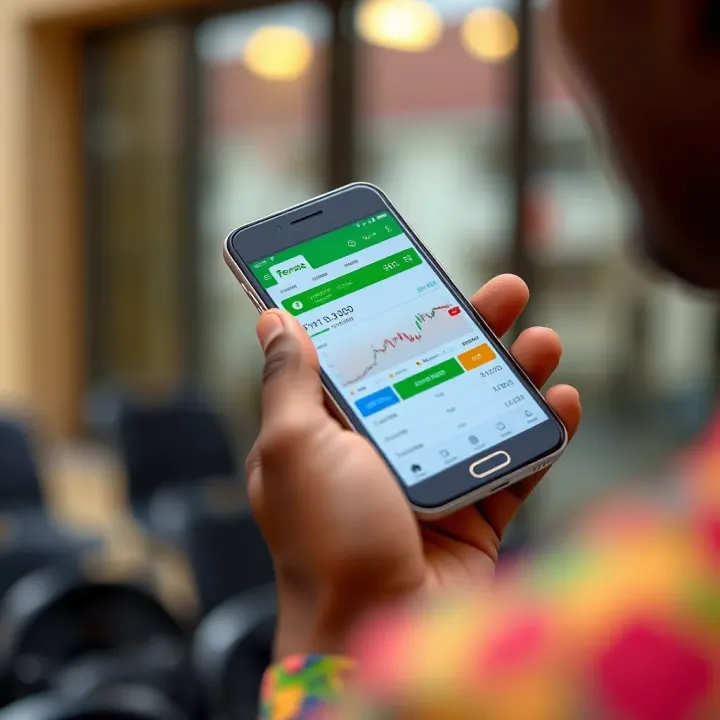 M-Pesa Transactions for Forex Trading in Kenya Mobile phone displaying M-Pesa app with forex trading interface on screen